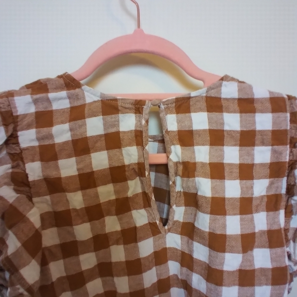 A New Day Neutral Plaid Linen Blend Short Ruffle Sleeve Blouse Size Medium - Picture 5 of 7